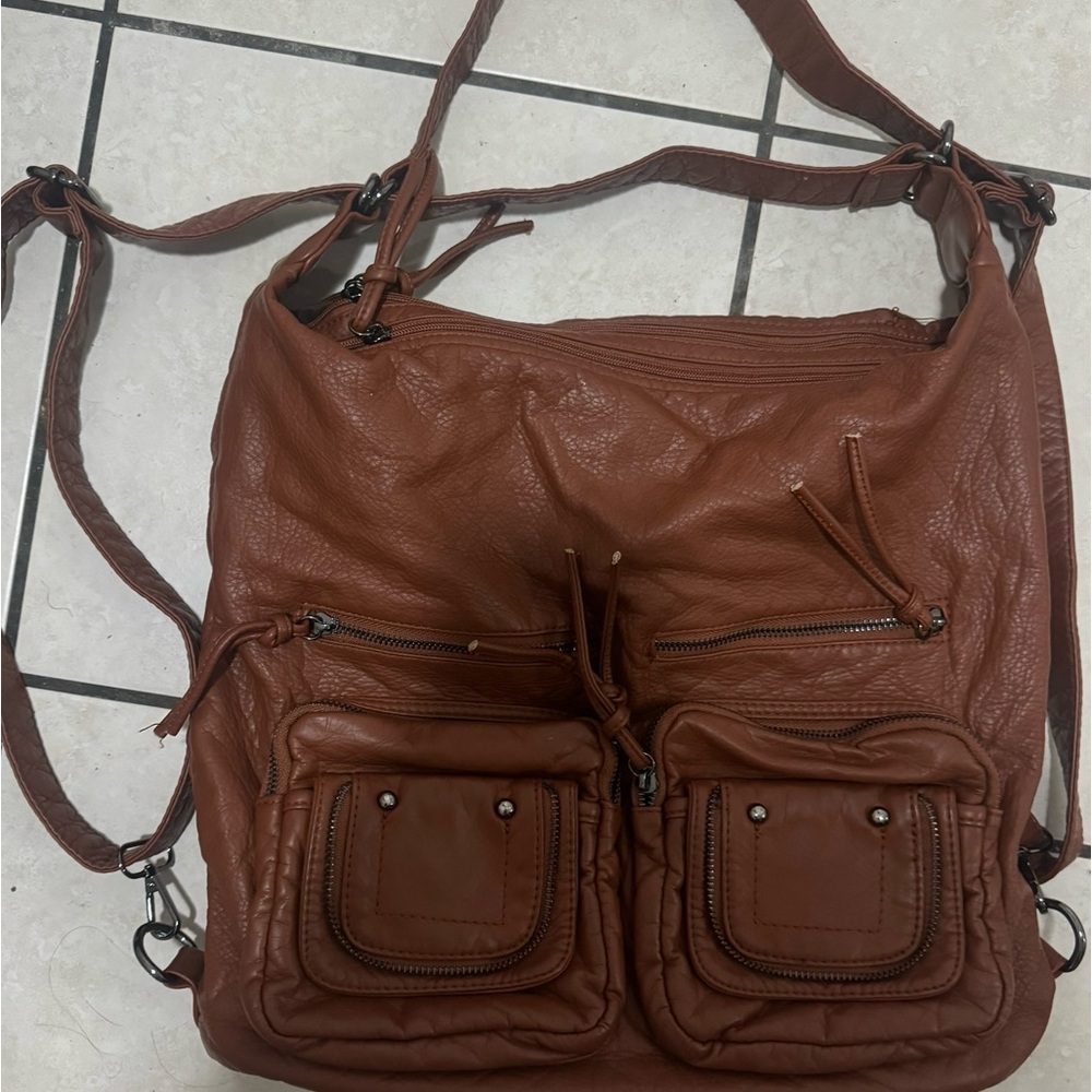 Brown leather hobo bag